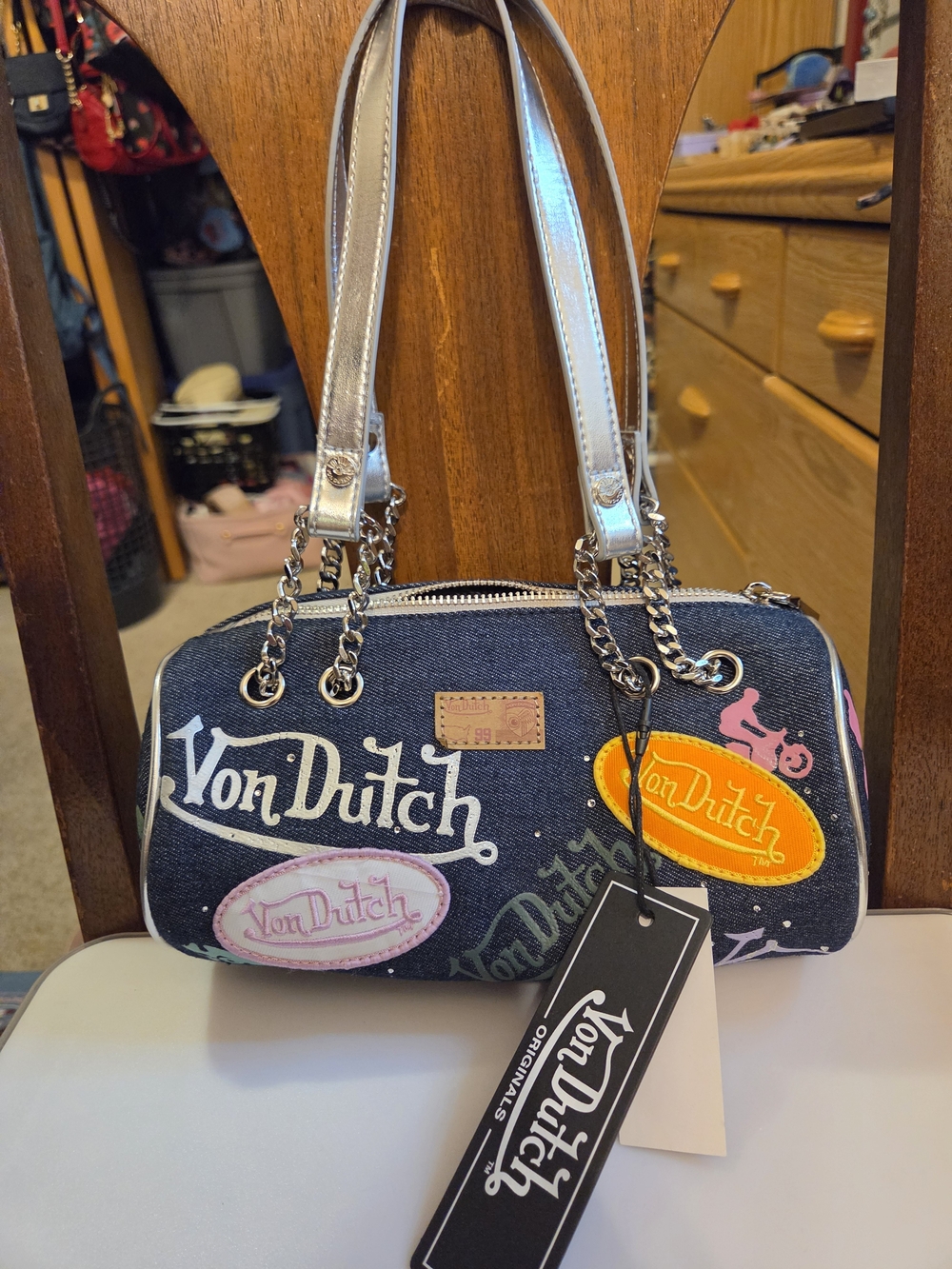 Von Dutch Denim Barrel Shoulder Bag in Blue with Pink & Yellow Patch Accents